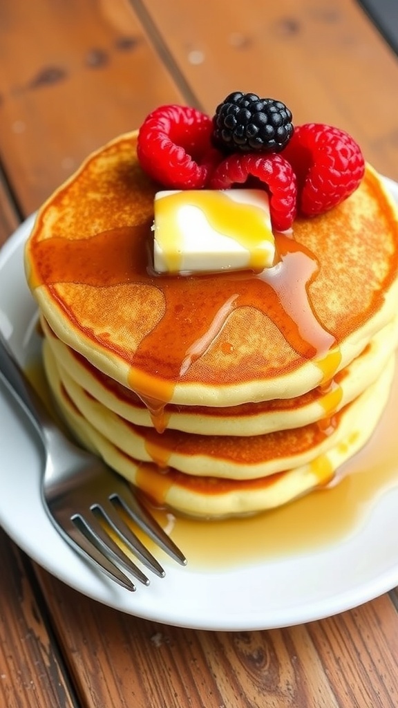 Fluffy pancakes topped with butter and syrup, garnished with berries on a rustic table.